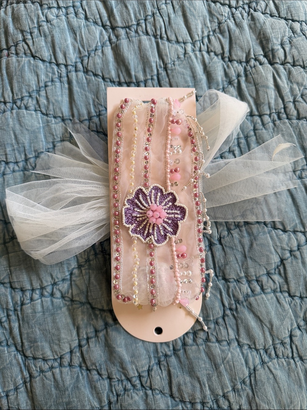 Tutu du monde Stevie beaded head wrap tulle scarf mill white pink purple flower